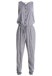 Combinaison sans manches rayée en bleu et blanc, avec un design à boutons sur le devant, une taille élastique et des chevilles retroussées. Tissu léger avec une coupe décontractée.