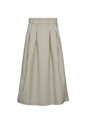 Bež midi krilo z navpičnimi črnimi ozkimi črtami, naborki spredaj, zanke za pas in stranskimi žepi, zasnovano za sproščen kroj.