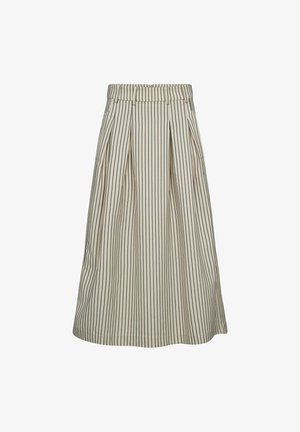 Fustă midi bej cu dungi verticale negre subțiri, față plisată, cu orificii pentru curea și buzunare laterale, concepută pentru o croială lejeră.