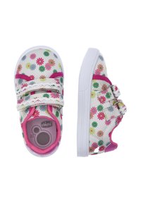 Scarpe per bambini con un motivo floreale in vari colori. Parte superiore in tela bianca, dettagli rosa, doppie cinghie in Velcro e suola in gomma.