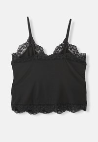 Sort camisole-top lavet af blødt stof med blondertrim ved halsudskæringen og kanten, med justerbare stropper og en tætsiddende pasform.