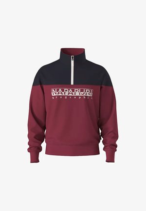 Burgunderfarbener und marineblauer Quarter-Zip-Sweatshirt mit "Napapijri geographic"-Logo, gerippten Bündchen und Saum, aus weichem Material gefertigt.