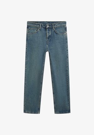 Denim jeans with a relaxed fit, medium blue color, five-pocket design, and visible stitching. Features a button closure and straight legs.