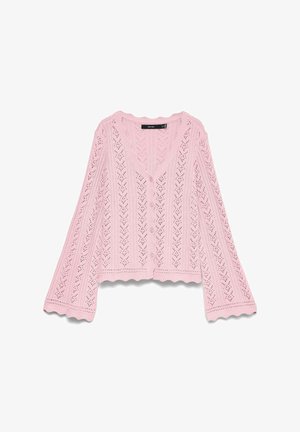 Világos rózsaszín kötött kardigán V-nyakú, gombos elől, hullámos szélű, széles ujjakkal, amelyek függőleges szem mintával díszítettek.