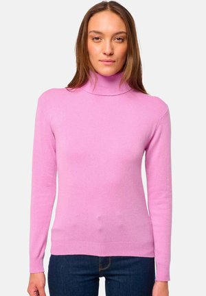 Pull encolure montée rose clair en tricot doux, avec des manches longues et une silhouette ajustée. Design simple avec des détails côtelés.