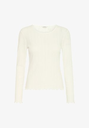 Valkoinen pitkähihaan paita ribbikankaasta, jossa on aaltoileva helma ja kaula-aukko. Kevyt, vartalonmyötäinen malli, jossa on hienovarainen texture.