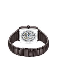 Reloj cuadrado de acero inoxidable con acabado metálico oscuro, parte trasera transparente que muestra un mecanismo intrincado, resistente al agua 5ATM.