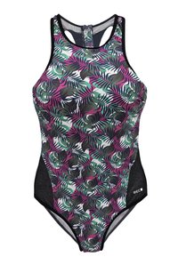 Maillot de bain au design ajusté, présentant un motif de feuilles vert, violet et blanc, des accents noirs, et un style dos nageur.