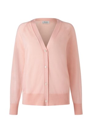 Hellrosa Strickjacke aus weichem Material, mit tiefem V-Ausschnitt, langen Ärmeln und sechs Frontknöpfen, sowie einem gerippten Saum und Bündchen.