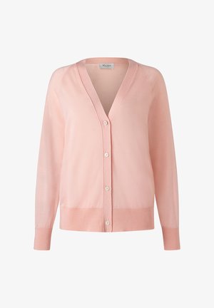Světle růžový kardigan vyrobený z měkkého materiálu, s hlubokým výstřihem do V, dlouhými rukávy a šesti předními knoflíky, s žebrovaným lemem a manžetami.