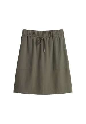 Olive green, knee-length skirt with an elastic waistband and drawstring. Features two front pockets and a smooth, lightweight fabric texture.