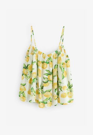 Ujjatlan felső világos anyagon sárga citrom és zöld levél mintával, ráncolt nyakkal és állítható pántokkal.