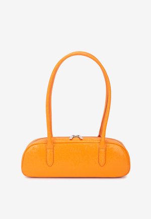 Small bright orange handbag with long handles, zipper closure, and textured surface on a white background.