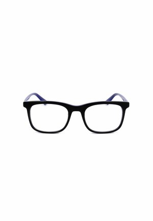 Montatura rettangolare nera per occhiali con lenti trasparenti e aste di colore blu scuro, centrata su sfondo bianco.