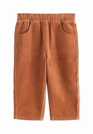 Braune Cord-Weitbein-Hose mit elastischem Bund und Fronttaschen, geeignet für die Freizeit.
