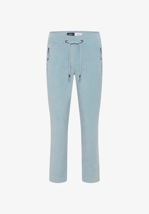 Helleblaue Baumwollmischungshosen mit einem Kordelzugbund, zwei seitlichen Reißverschlusstaschen und schmal zulaufenden Beinen. Glatte Textur mit einem minimalistischen Design.