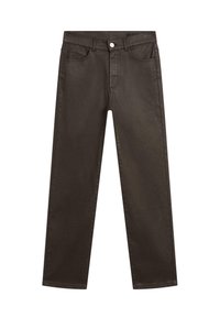 Brown denim jeans featuring a straight-leg design, five-pocket styling, and a front button closure. Smooth texture with a slight sheen.