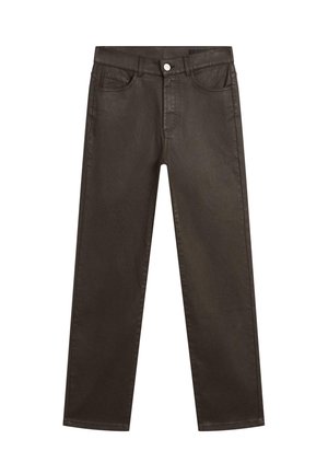 Brown denim jeans featuring a straight-leg design, five-pocket styling, and a front button closure. Smooth texture with a slight sheen.