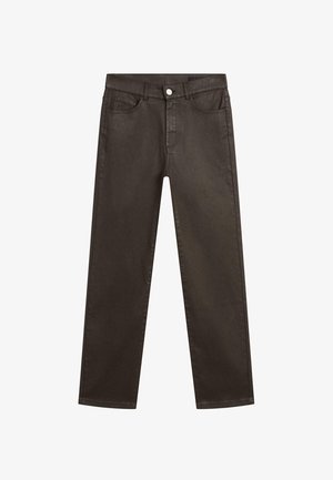 Jeans in denim marrone con un design a gamba dritta, cinque tasche e chiusura anteriore con bottone. Tessuto liscio con una leggera lucentezza.