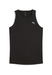 Débardeur de sport sans manches noir en tissu lisse, présentant un logo Puma en blanc et des détails perforés sur les côtés pour une respirabilité optimale.