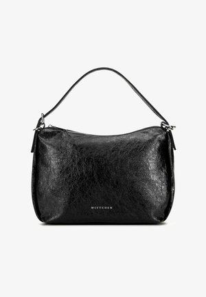 Borsa a tracolla in pelle nera con forma arrotondata, un'unica tracolla e chiusura con zip. Presenta una leggera texture e un dettaglio con logo.