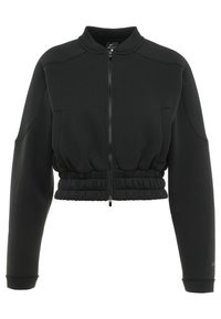 Chaqueta deportiva negra corta con cuello alto, cierre de cremallera, cinturilla elástica y mangas largas. Fabricada en tejido suave. Incluye bolsillos laterales.
