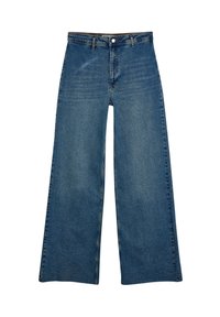 Jeans de pierna ancha en denim, de color azul, con una cintura alta, diseño de cinco bolsillos y una textura suave con un ligero desvanecido en la tela.