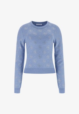 Jasnoniebieski sweter wykonany z fakturowanej dzianiny, z powtarzającym się wzorem okrągłych logo, okrągłym dekoltem oraz ściągaczami na mankietach i dole.