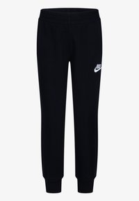 Calças de treino pretas feitas de mistura de algodão; apresentam um cós elástico, punhos canelados e um detalhe de logótipo branco na parte superior da coxa esquerda.