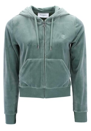 Weicher grüner Kapuzenpullover mit Reißverschluss, Fronttaschen, Kordelzugkapuze, gerippten Bündchen und einem kleinen, geprägten Logo auf der Brust.