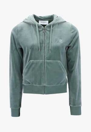 Sweat à capuche zippé vert clair avec poches avant, capuche à cordon, poignets côtelés et petit logo embossé sur la poitrine.