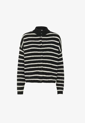 Black and white striped cardigan, cropped design, made of textured material, featuring a button closure and a high collar.