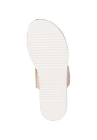 Lightweight sandal with a woven straw upper, beige color, and a textured white rubber sole featuring horizontal grooves for grip.