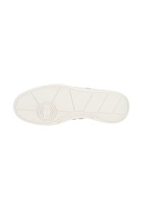Suela de zapato de goma blanca con superficie texturizada, que presenta un logotipo circular y patrones en zigzag para mayor agarre.
