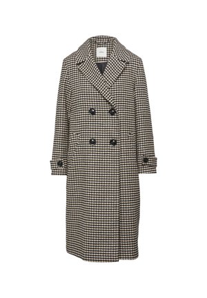 Manteau croisé en motif pied-de-poule noir et beige, avec de grands boutons et un col, fabriqué à partir d'un mélange de laine texturé.