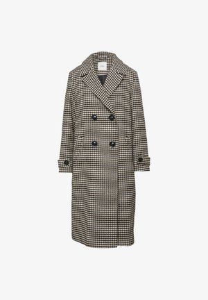 Manteau croisé en motif pied-de-poule noir et beige, avec de grands boutons et un col, fabriqué à partir d'un mélange de laine texturé.
