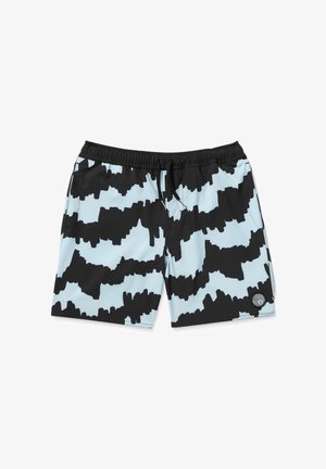 Siniset ja mustat uimapuvut, joissa on geometrinen kuosi, joustava vyö, jossa on naru, ja sivutaskut. Sileä, kevyt kangas.