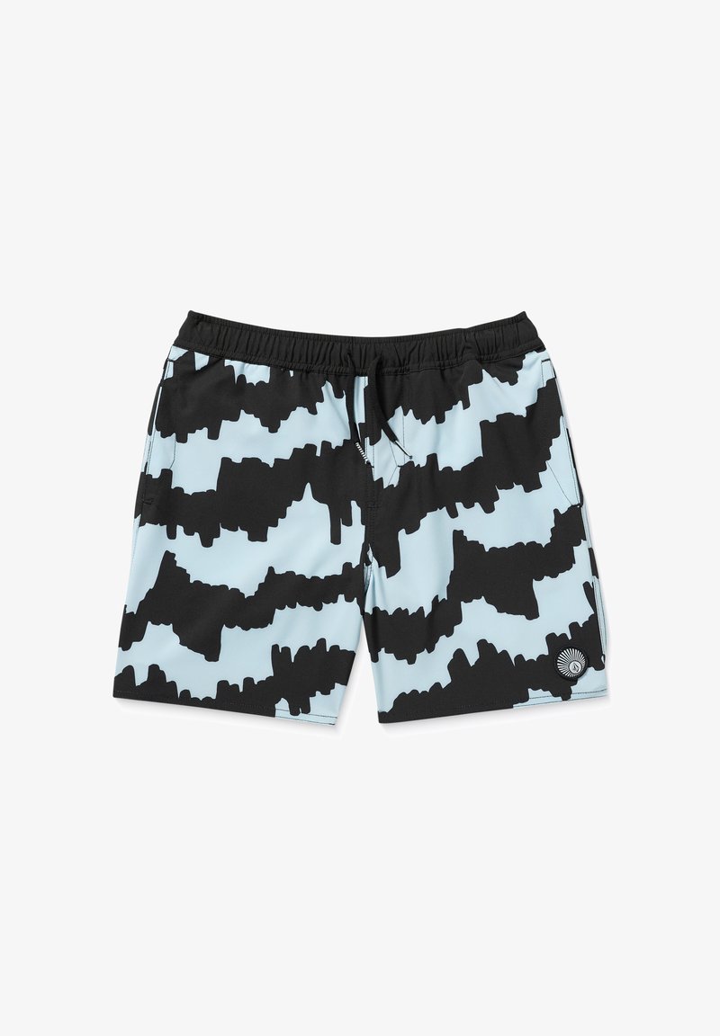 Moschettini da bagno blu e neri con un motivo geometrico, vita elastica con cordino e tasche laterali. Tessuto liscio e leggero.