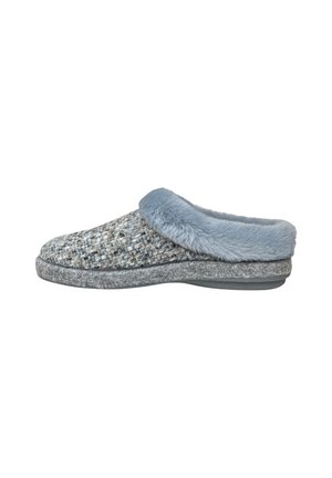 Grijze instap- pantoffel met geweven bovenzijde en lichtblauwe nepbont afwerking rond de opening, platte zool, ontworpen voor gebruik binnenshuis en comfort.