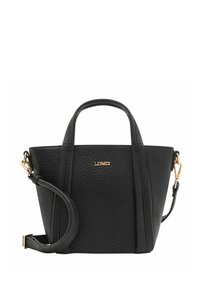 Borsa a tracolla in pelle nera con finitura testurizzata, forma strutturata, manici corti e tracolla rimovibile. Presenta il logo in tonalità oro.