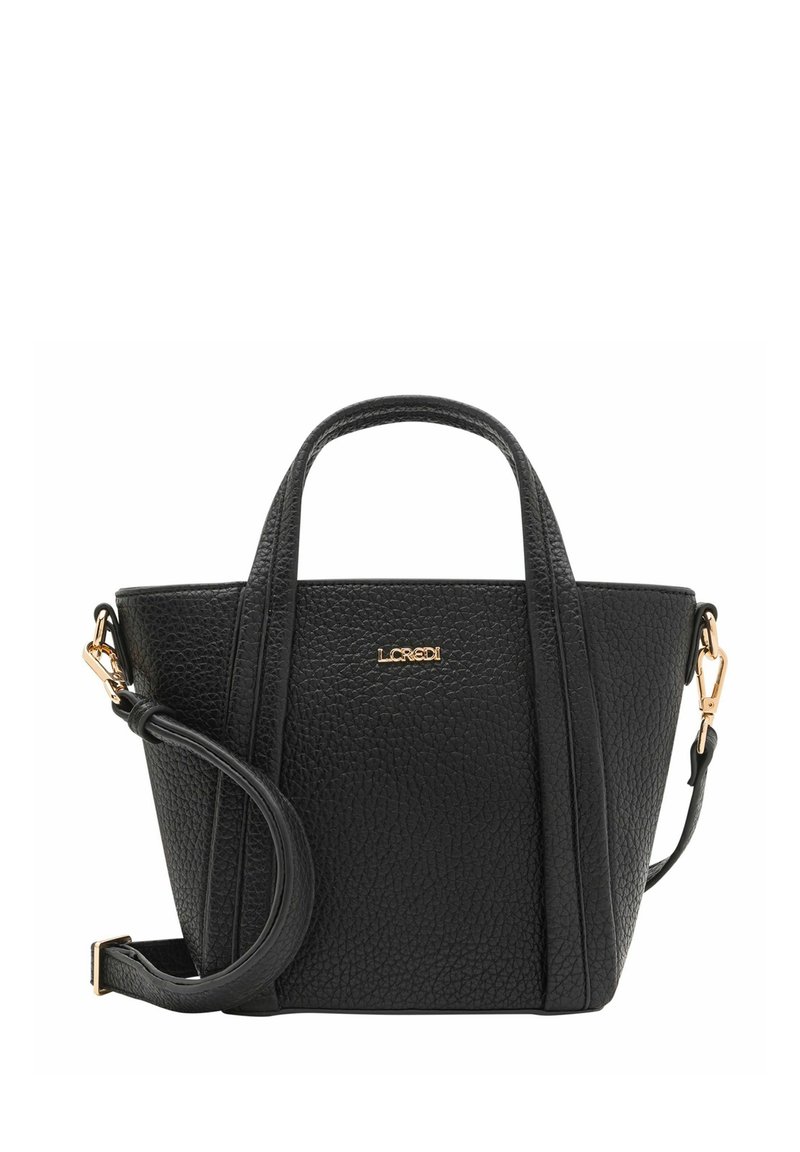 Borsa a tracolla in pelle nera con finitura testurizzata, forma strutturata, manici corti e tracolla rimovibile. Presenta il logo in tonalità oro.