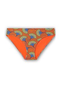 Bas de bikini orange avec un motif de fans en bleu et jaune. Texture lisse avec doublure intérieure contrastante pour un confort accru.