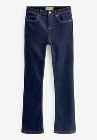Jeans bootcut en denim bleu foncé, avec une coupe classique, des accents de couture subtils et cinq poches. Texture lisse, ouverture de jambe évasée.
