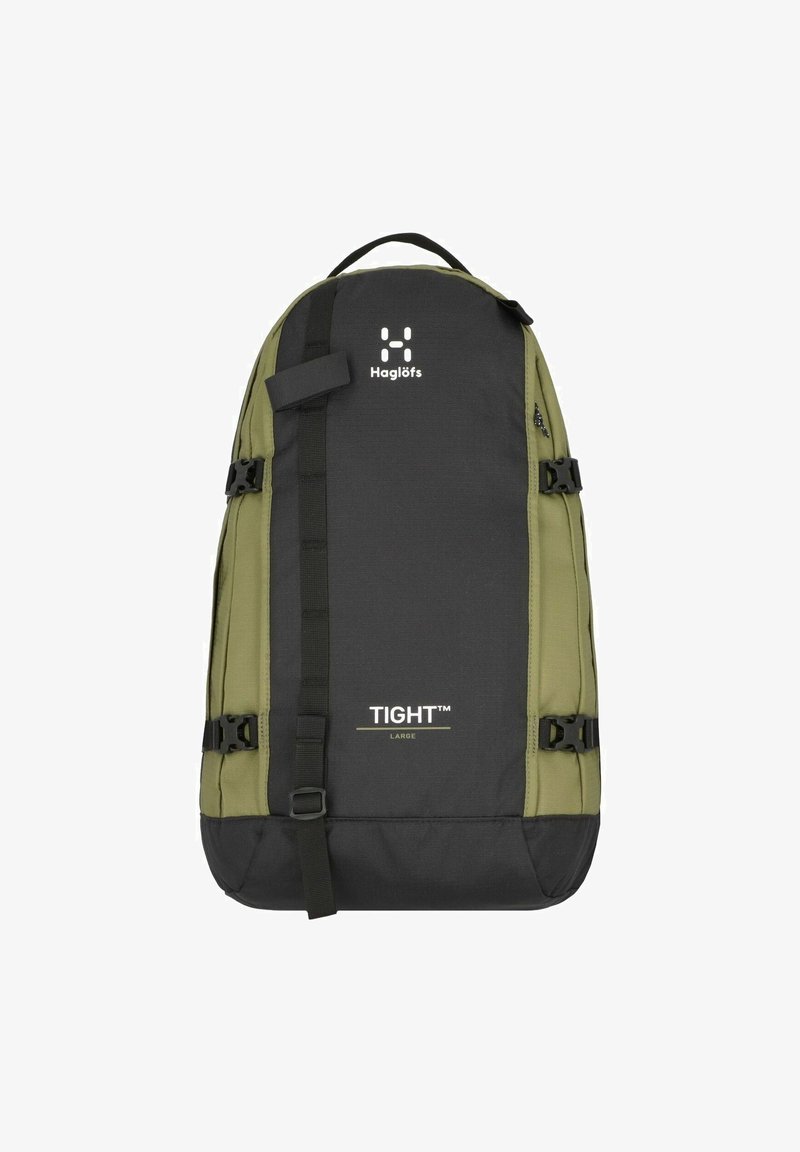 Zaino nero e verde oliva con una texture liscia, dotato di spallacci regolabili, chiusure a fibbia frontali e un logo stampato sulla parte anteriore.