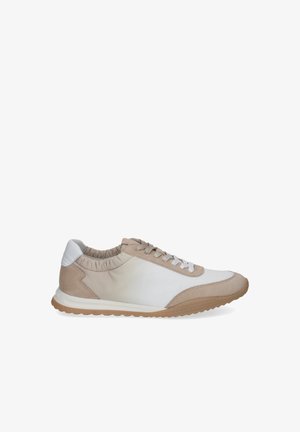 Beige and white low-top sneaker with lace-up front, rubber sole, and padded collar, shown from the outer side on a white background.