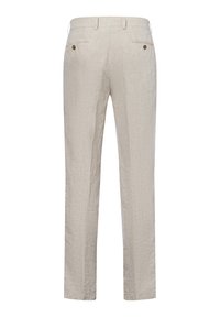 Helle beigen Leinenhosen mit strukturierter Oberfläche. Gerade Beine, zwei Gesäßtaschen mit Knopfverschluss und Gürtelschlaufen an der Taille.