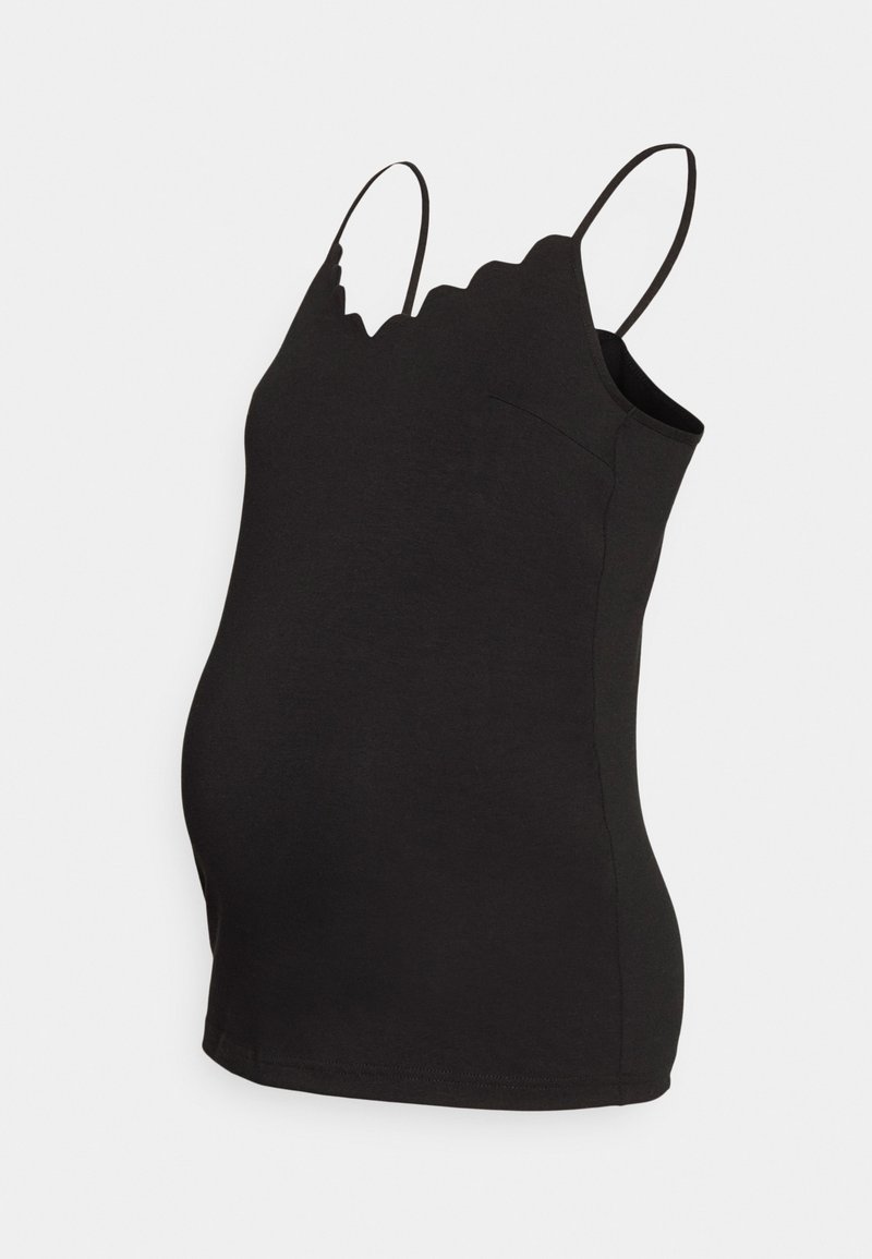 Camisole de maternité noire avec un décolleté festonné et de fines bretelles réglables, conçue pour s'adapter à un ventre de femme enceinte.