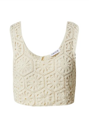 Gehaakte crèmekleurige crop top met een geometrisch bloemenpatroon, brede ronde halslijn en mouwloos ontwerp. Etiket zichtbaar bij de schouder.