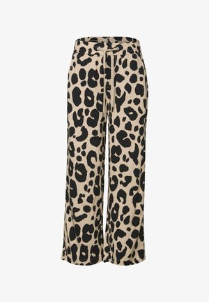 Pantalons jogger en imprimé léopard beige et noir, avec une taille élastique, un cordon de serrage, des jambes larges et une texture de tissu douce.