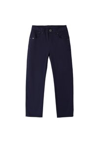 Pantaloni blu navy in misto cotone, con chiusura a bottone, zip e cinque tasche. Texture liscia con design a gamba dritta.